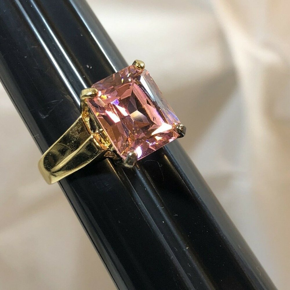 Large Pink Cubic Zirconia CZ Sterling Silver Gold Tone Cocktail Ring